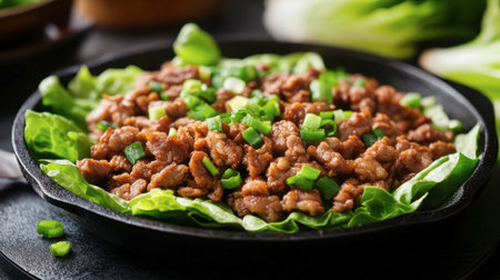 A delicious ground meat dish served on fresh green lettuce, perfect for a healthy meal. This vibrant presentation highlights flavor and freshness.の素材