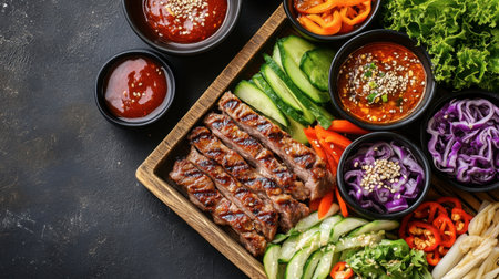 A beautifully arranged grilled steak platter featuring fresh vegetables and a variety of dipping sauces, perfect for a colorful and healthy meal option.の素材