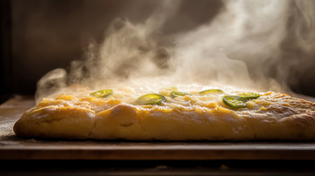 Freshly baked pizza topped with melting cheese and sliced jalapeの素材