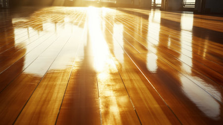 A tranquil scene capturing sunlight beaming across a shiny wooden floor, creating beautiful reflections in an empty room. The warm tones evoke a serene ambiance.の素材