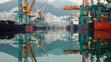 An industrial waterfront view showcasing cranes and ships reflecting in still water. This vibrant image captures the essence of maritime operations and shipping activity.の素材