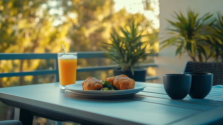 A serene outdoor breakfast setting featuring delicious croissants, fresh orange juice, and lush greenery, perfect for a morning retreat or brunch.の素材