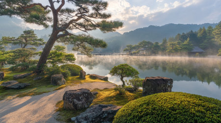 A breathtaking morning view showcasing a misty lake surrounded by beautiful pine trees. The serene landscape invites peaceful contemplation and exploration.の素材