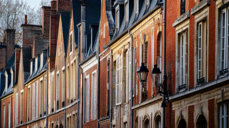 Explore the captivating beauty of historic buildings on a charming street, featuring detailed facades and warm sunset light that create an inviting ambiance.の素材