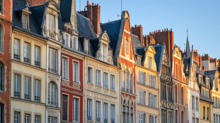 Explore a stunning row of historic buildings showcasing diverse European architecture, featuring vibrant colors and intricate details in sunlight.の素材