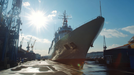 A military vessel stands majestically in a busy harbor, illuminated by bright sunlight, with cranes and sheds in the background, depicting maritime industry.の素材