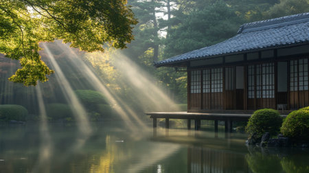 A serene Japanese garden scene featuring gentle sunrays breaking through trees, reflecting on a calm pond, and a traditional wooden building.の素材