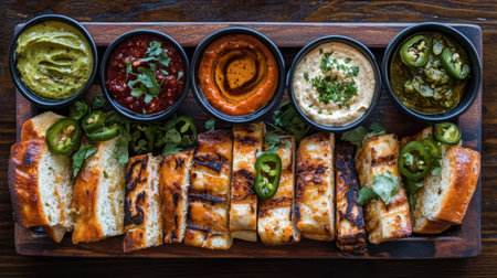 A vibrant assortment of grilled appetizers served on a wooden platter with various flavorful dips. Ideal for sharing in a casual dining setting.の素材