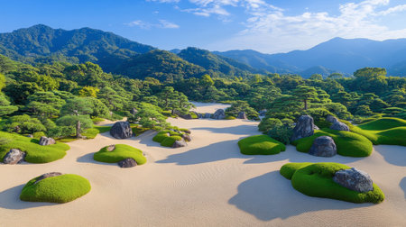 A breathtaking view of a tranquil landscape featuring lush greenery, sandy dunes, and distant mountains, perfect for evoking peace and harmony in nature.の素材