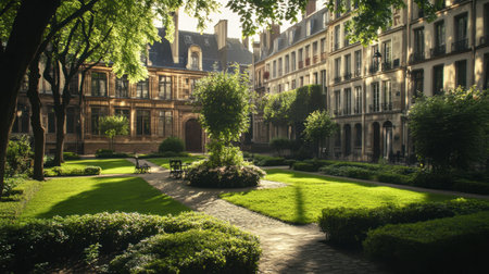 This enchanting urban garden offers a tranquil escape, featuring lush greenery, charming paths, and elegant historic buildings bathed in sunlight.の素材