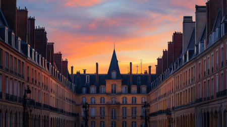 Experience a stunning sunset illuminating historic architecture, capturing the essence of urban life. This serene scene showcases vibrant colors against a tranquil skyline.の素材