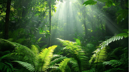 Beautiful lush green tropical forest scene with sunlight beams shining through the trees. The vibrant ferns and foliage create a serene atmosphere in nature.の素材