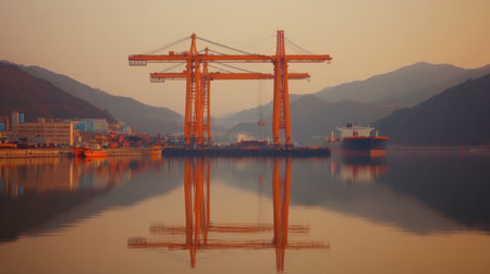 This captivating image showcases industrial cranes at a port during sunset, reflecting beautifully on calm water, framed by distant mountains, evoking tranquility.の素材