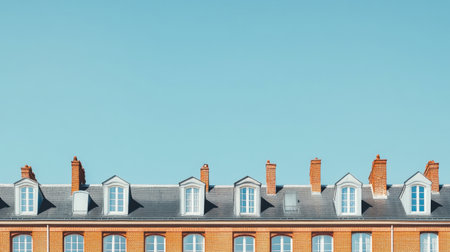 This image features a charming red brick building with classic architecture, showcasing beautiful windows under a clear blue sky. Perfect for urban themes.の素材