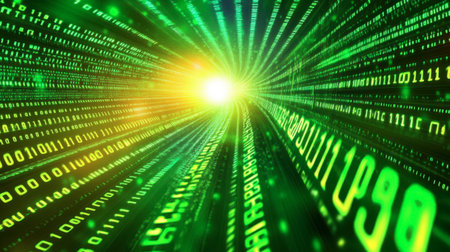 Abstract image of a dynamic green data stream with light effects showcasing binary code patterns. Ideal for themes of technology, innovation, and digital progress.の素材