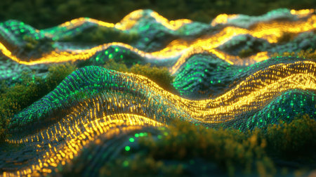 Discover a stunning abstract landscape featuring vibrant waves of light in green and yellow hues. This digital artwork embodies motion and energy, perfect for creative projects.の素材