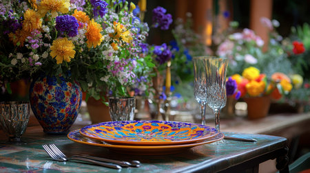 A stunning table setting featuring vibrant floral arrangements and colorful dinnerware. Perfect for outdoor events or celebrations, this scene exudes elegance and charm.の素材