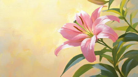 This elegant pink lily blossom beautifully contrasts against a soft yellow background, creating a serene and peaceful atmosphere perfect for decoration or art.の素材