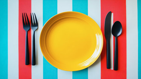 A bright yellow plate paired with sleek black utensils sits elegantly on a vibrant striped background, ideal for modern dining and culinary presentations.の素材