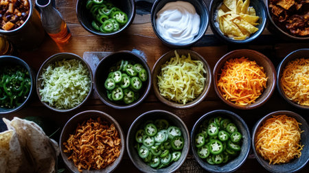 A vibrant display of fresh taco ingredients showcasing jalapenos, various cheeses, lettuce, and more, beautifully arranged in bowls on a wooden table.の素材