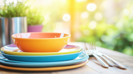 A vibrant table setting featuring colorful plates and a bowl, illuminated by soft sunlight. The scene exudes a cheerful and inviting atmosphere perfect for meals.の素材