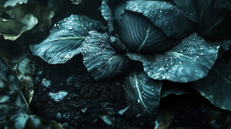 Close-up view of fresh cabbage leaves glistening with water droplets, set against dark soil. This image captures the beauty of nature and healthy living.の素材