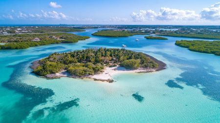 Stunning aerial view showcasing a tranquil tropical island surrounded by crystal-clear turquoise waters, lush vegetation, and soft sandy beaches.の素材