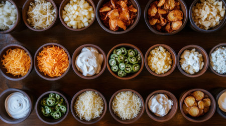 An inviting arrangement of colorful ingredients in small bowls perfect for meal preparation or gatherings. This vibrant display highlights fresh vegetables, cheeses, and condiments.の素材