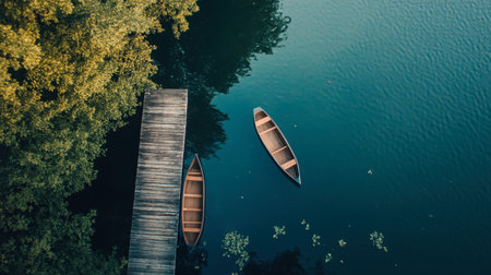 This stunning aerial shot captures a serene lake featuring two wooden canoes and a rustic dock, surrounded by lush greenery, creating a peaceful outdoor scene.の素材