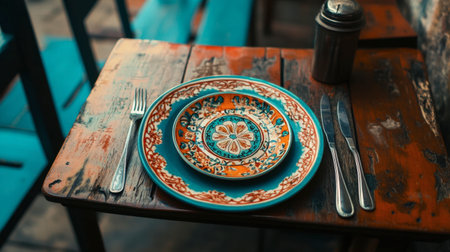A vibrant table setting featuring intricate decorative plates on a rustic wooden table. Ideal for showcasing culinary art and dining experiences.の素材