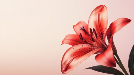 A stunning red lily flower showcases its vibrant petals against a soft gradient background, highlighting its delicate beauty and elegance, perfect for nature lovers.の素材