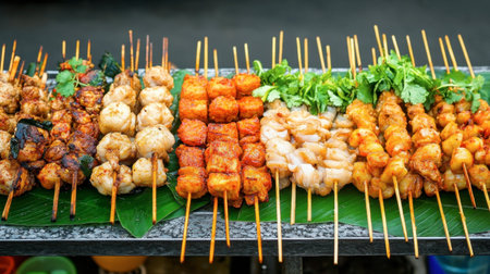 A vibrant display of assorted grilled skewers featuring meat, seafood, and fresh vegetables. Perfect for outdoor markets, gatherings, or food events.の素材