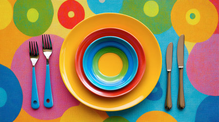 A vibrant display of colorful plates and cutlery arranged harmoniously on a cheerful patterned background, perfect for inviting dining experiences.の素材