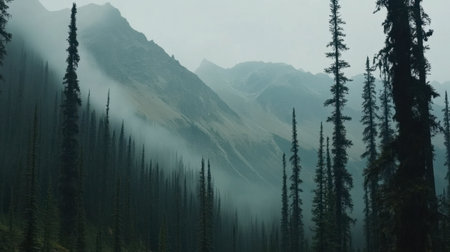 A captivating view of tall pine trees shrouded in mist, set against dramatic mountains. The fog creates an enchanting atmosphere in a serene, untouched wilderness.の素材