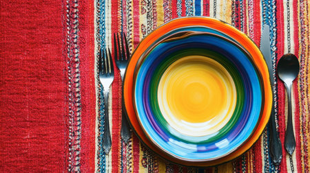 A vibrant, colorful plate in the center on a striped tablecloth, accompanied by silverware. Perfect for showcasing dining aesthetics and creativity.の素材