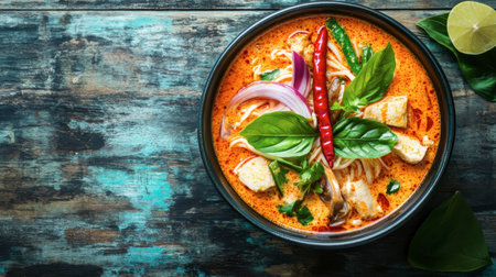 A vibrant bowl of Thai curry soup featuring tender chicken, fresh basil, and colorful ingredients. Perfect for food lovers seeking spicy, gourmet recipes.の素材