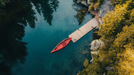 Captivating aerial view of a red canoe anchored near a wooden dock on a tranquil lake, surrounded by lush greenery and serene waters, perfect for nature enthusiasts.の素材