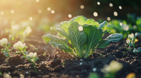 A vibrant cabbage plant stands in rich soil, bathed in soft sunlight. Droplets glisten like jewels, showcasing the beauty of nature's growth and fertility.の素材
