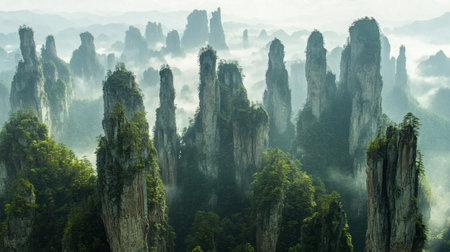 Discover breathtaking mountain peaks cloaked in mist, surrounded by lush forests. This serene landscape captures nature's untouched beauty and tranquil atmosphere.の素材