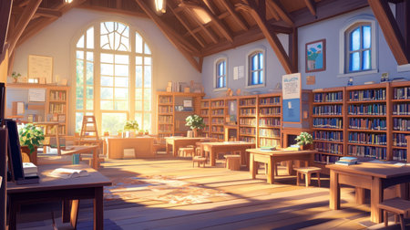 A serene library interior featuring wooden furniture bathed in warm sunlight. Ideal study space with bookshelves, tables, and plants creating a tranquil atmosphere.の素材