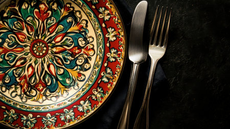 Elegant composition featuring a colorful decorative plate with intricate patterns, accompanied by a fork and knife, set against a dark background, perfect for dining themes.の素材