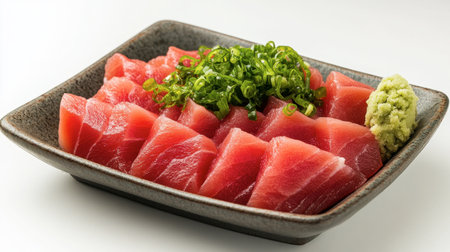 Freshly prepared tuna sashimi garnished with green onions and wasabi on a stylish plate, perfect for sushi lovers and seafood enthusiasts.の素材