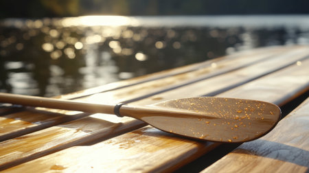 A close-up view of a wooden paddle resting on a dock, shimmering with water droplets. The tranquil lake reflects warm sunlight, evoking a serene summer getaway.の素材