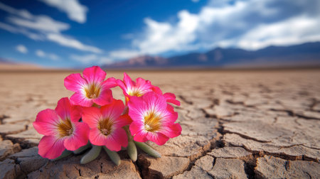 A group of vibrant flowers blooms against a backdrop of dry cracked earth and a stunning blue sky. This image symbolizes resilience and beauty in harsh environments.の素材