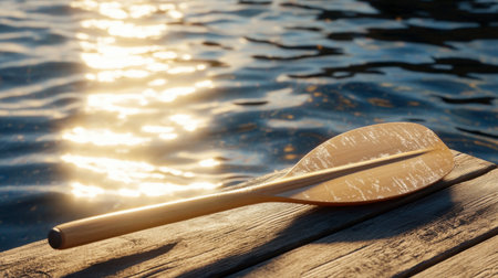 A wooden paddle rests on a weathered dock, reflecting the sunlight shimmering on the calm water. This serene scene evokes relaxation and outdoor adventure.の素材