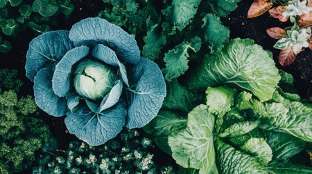 A vibrant arrangement of fresh green cabbage and leafy vegetables thriving in a garden setting, showcasing the beauty and bounty of nature's harvest.の素材
