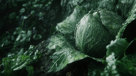 A stunning close-up of a fresh green cabbage with droplets of water on its leaves, resting in nutrient-rich soil, highlighting nature's vitality and beauty.の素材