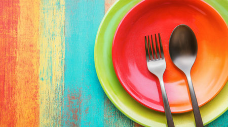 A vibrant display of colorful plates and cutlery arranged on a textured wooden background, perfect for showcasing a playful dining setting or culinary creativity.の素材
