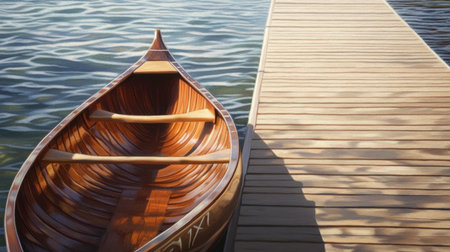 A beautifully crafted wooden boat rests by a pier on tranquil water, reflecting the serene ambiance of nature. Ideal for themes of leisure and travel.の素材