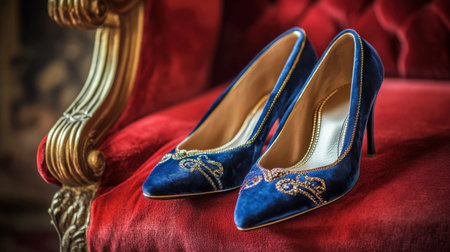 Discover a stunning pair of elegant blue velvet high heels enhanced with sparkling embellishments, perfect for adding a touch of sophistication to any outfit.の素材